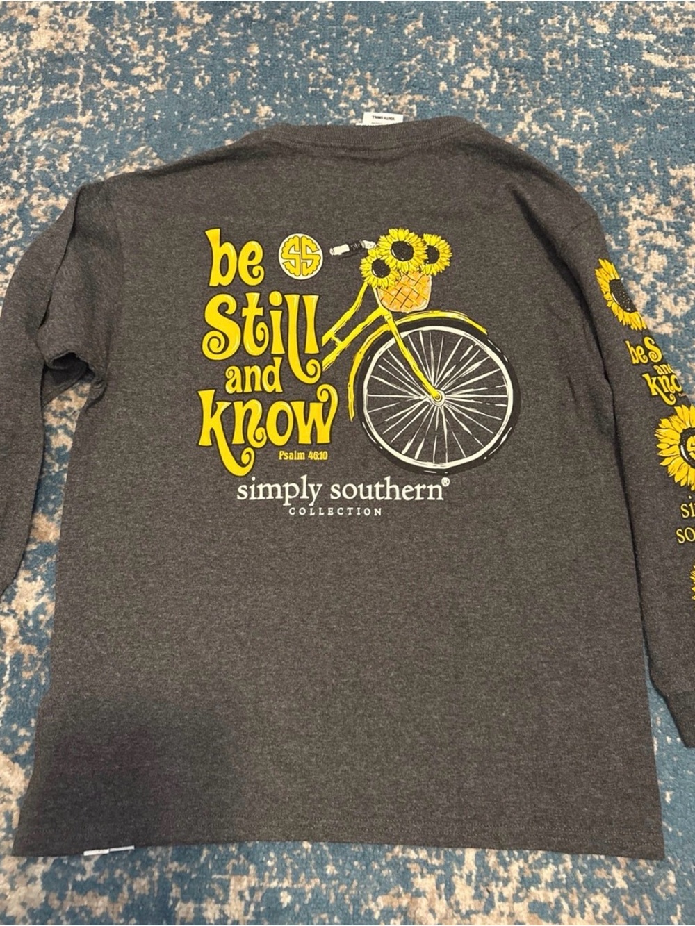 Simply Southern Gray Long-Sleeve Tee with Yellow Bicycle & Sunflowers